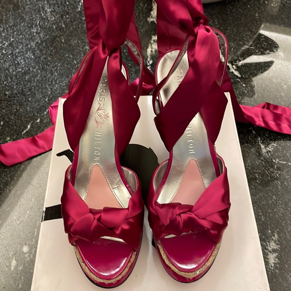 Fuschia Paris Hilton ankle wrap espadrille wedge